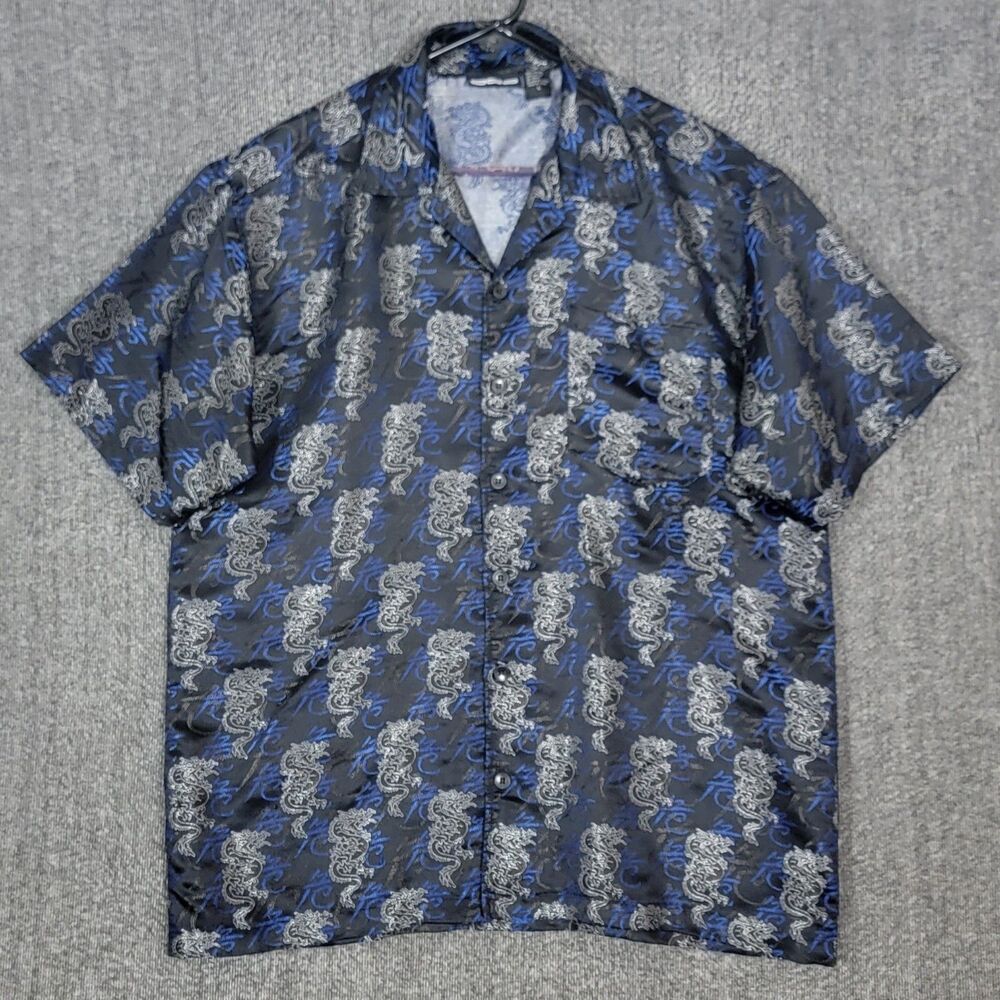 Vintage Odo Hawaiian Shirt Mens L Blue Short Sleeve Asian Dragons All Over Print